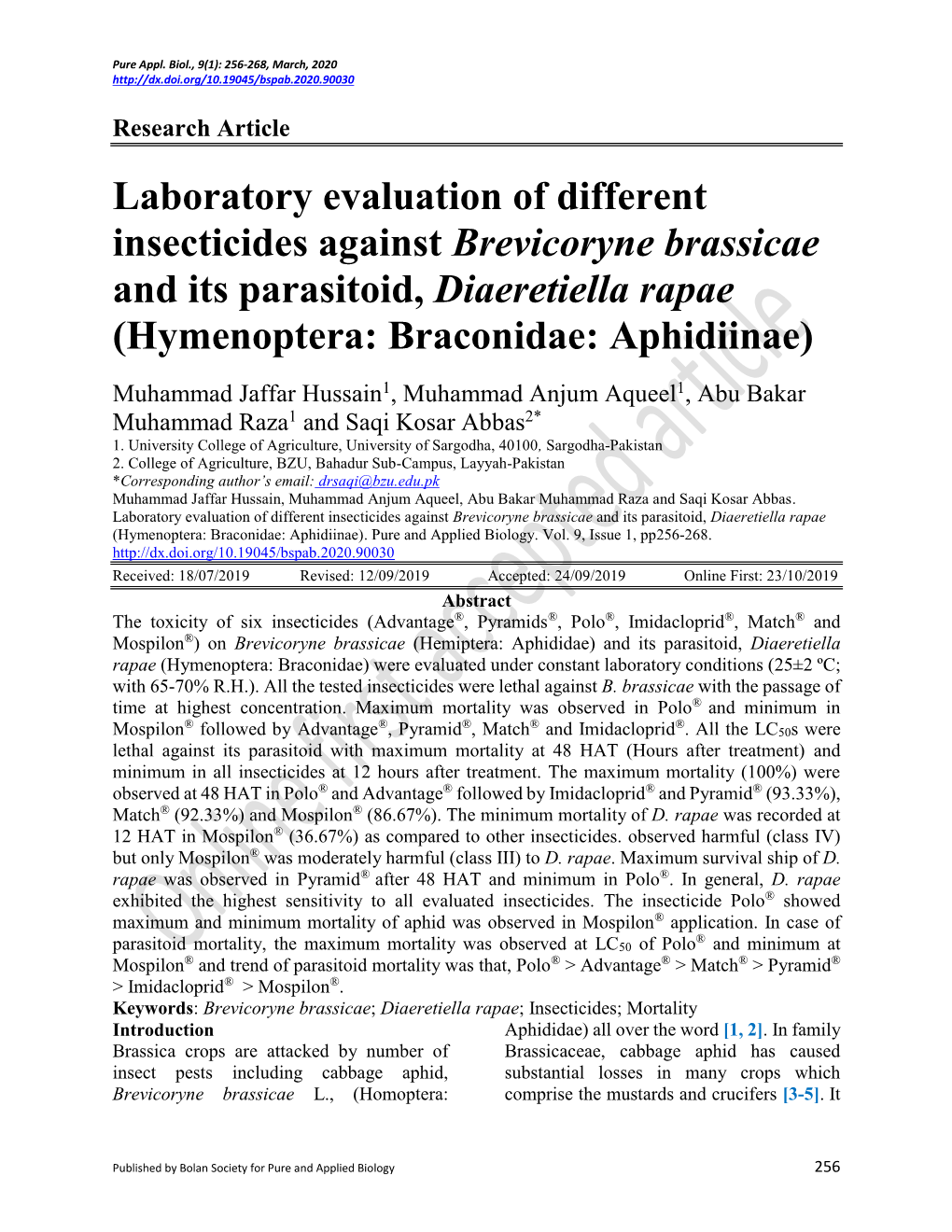 Laboratory Evaluation of Different Insecticides Against Brevicoryne Brassicae and Its Parasitoid, Diaeretiella Rapae (Hymenoptera: Braconidae: Aphidiinae)