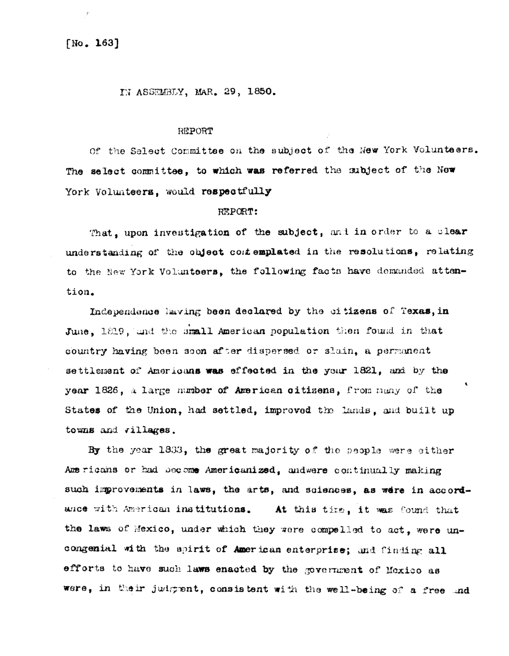 Report of the Select Committee on the Subject of the New York Volunteers