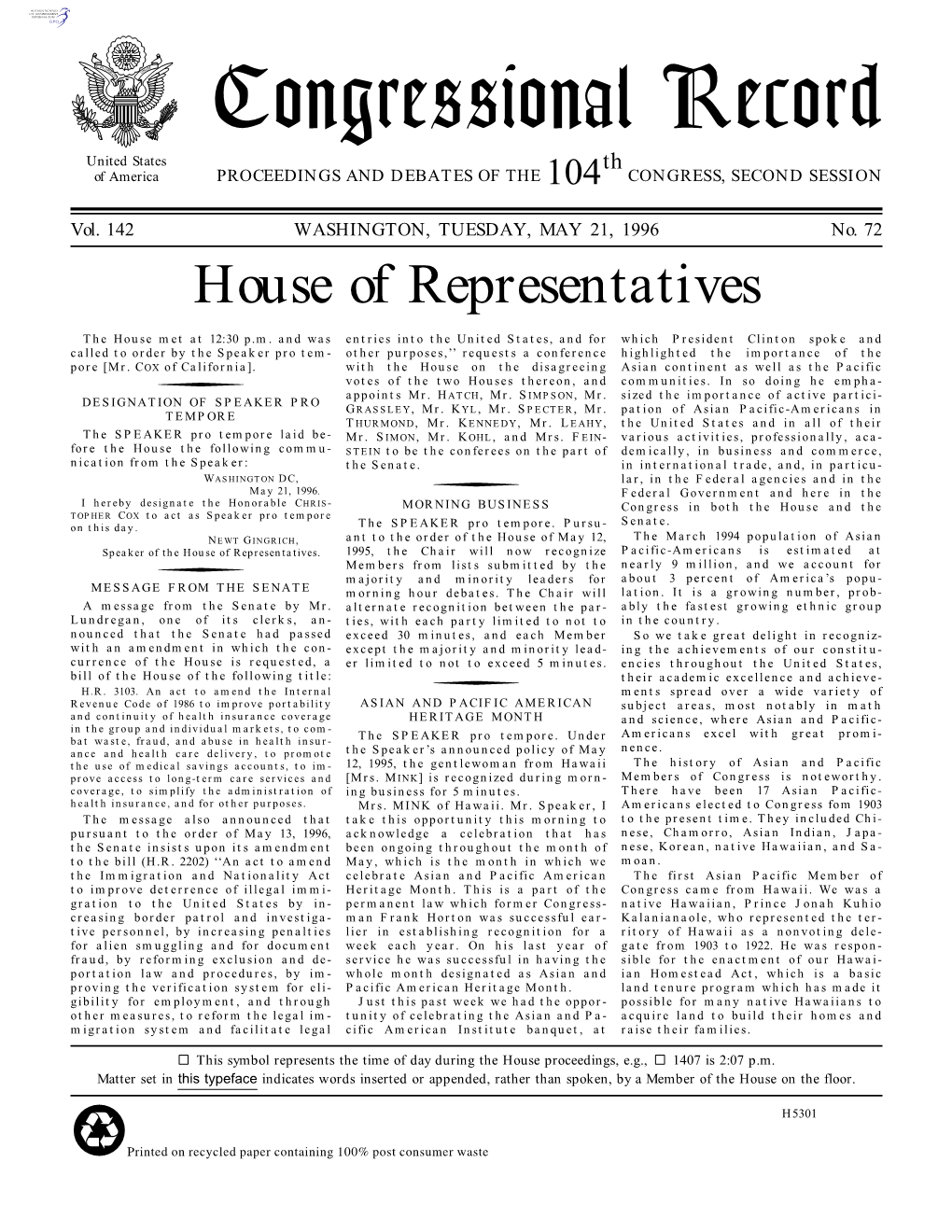 Congressional Record United States Th of America PROCEEDINGS and DEBATES of the 104 CONGRESS, SECOND SESSION