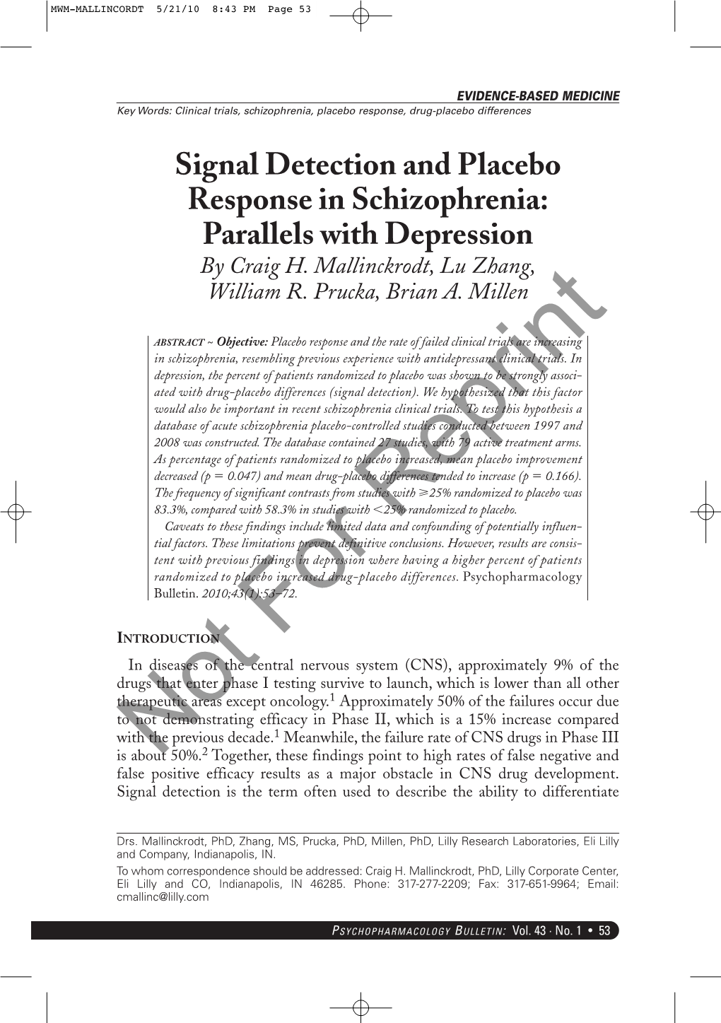 Signal Detection and Placebo Response in Schizophrenia: Parallels with Depression by Craig H