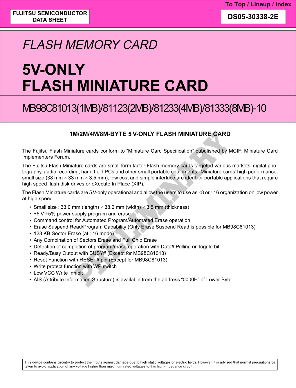 5V-Only Flash Miniature Card Mb98c81013(1Mb)/81123(2Mb)/81233(4Mb)/81333(8Mb)-10