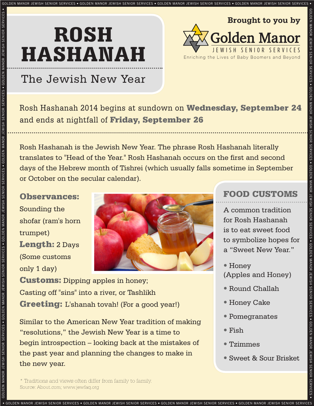 Rosh Hashanah 2014 Begins at Sundown on Wednesday, September 24 and Ends at Nightfall of Friday, September 26
