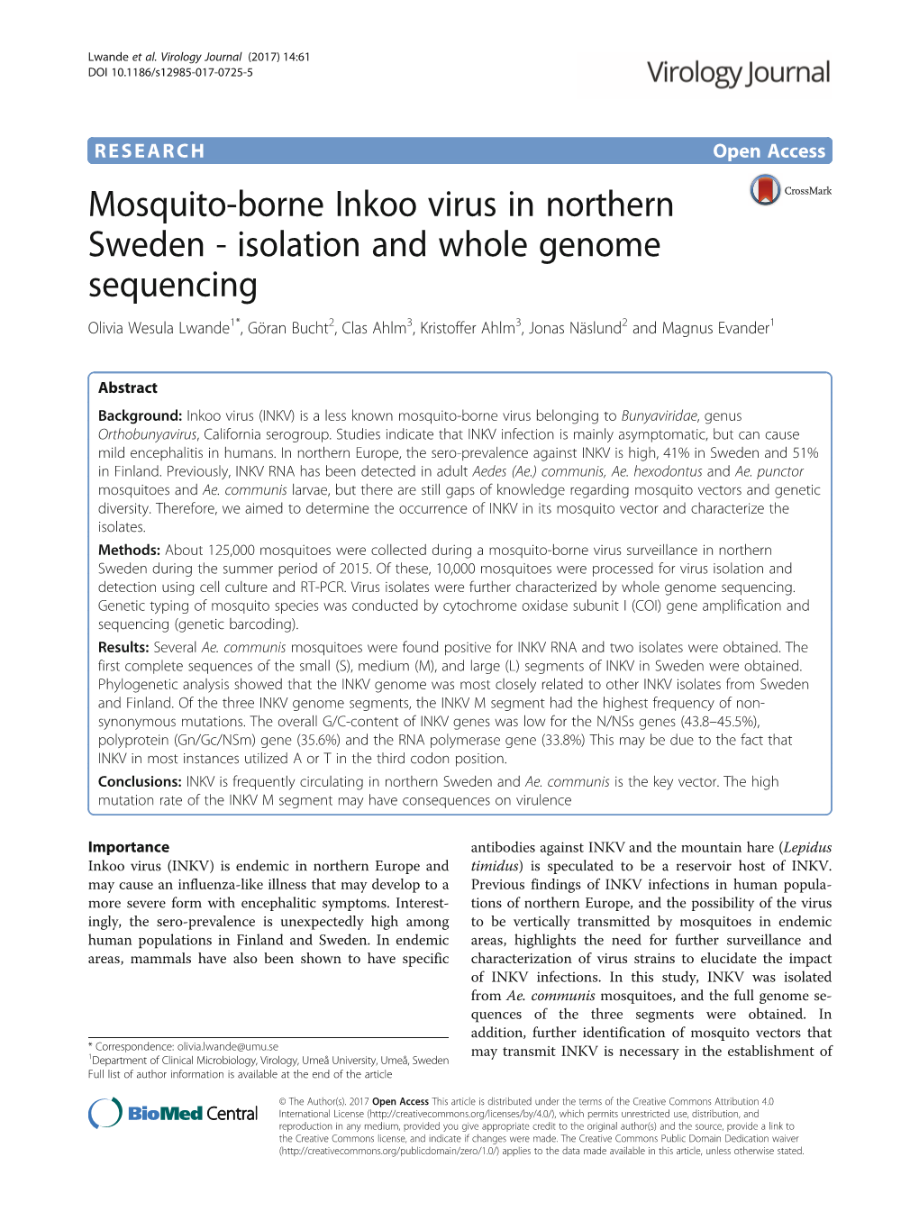 Mosquito-Borne Inkoo Virus in Northern Sweden