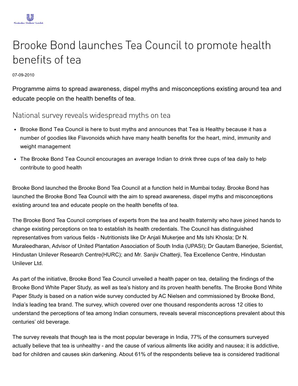 Brooke Bond Launches Tea Council to Promote Health Benefits Of