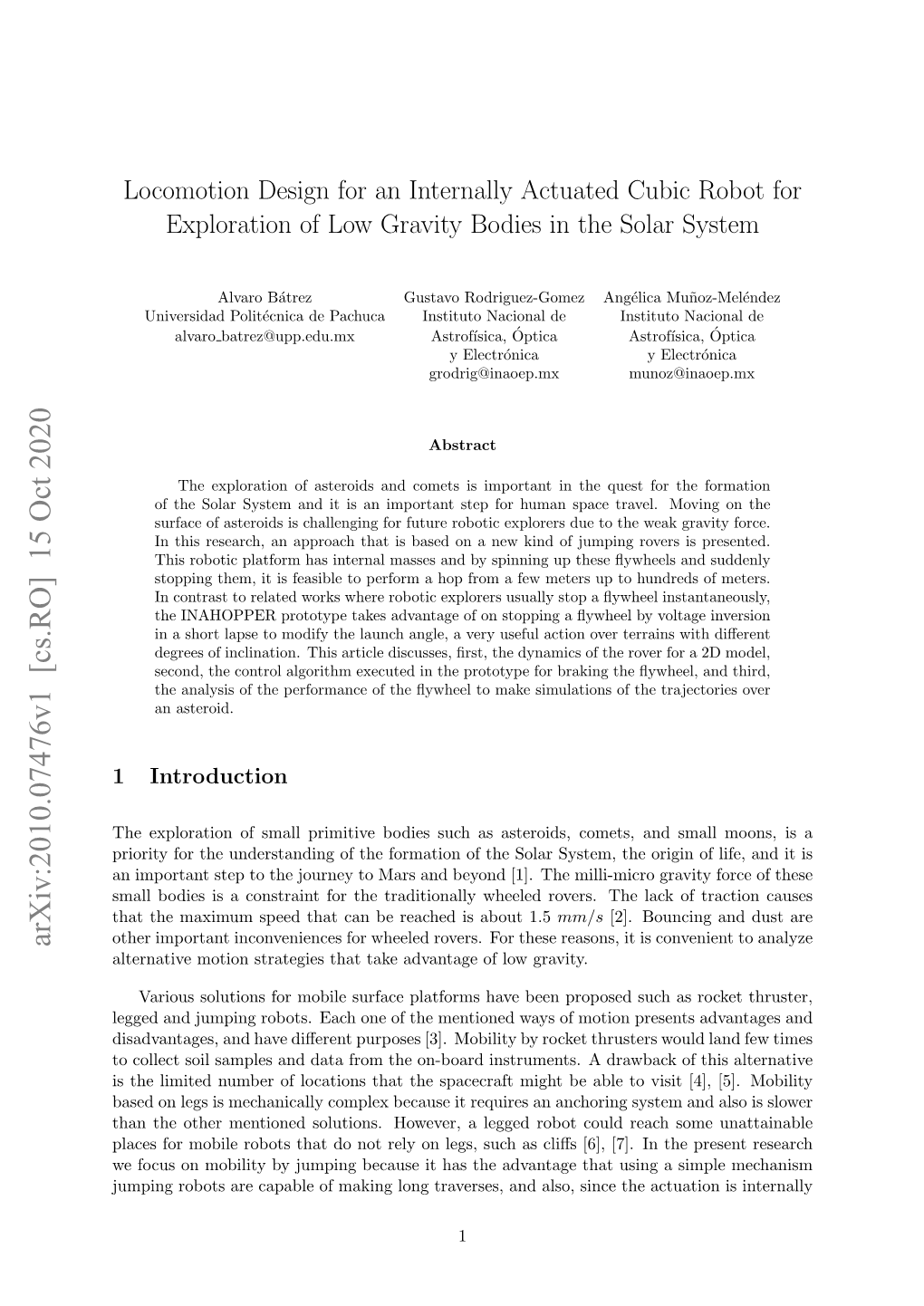 Locomotion Design for an Internally Actuated Cubic Robot for Exploration of Low Gravity Bodies in the Solar System