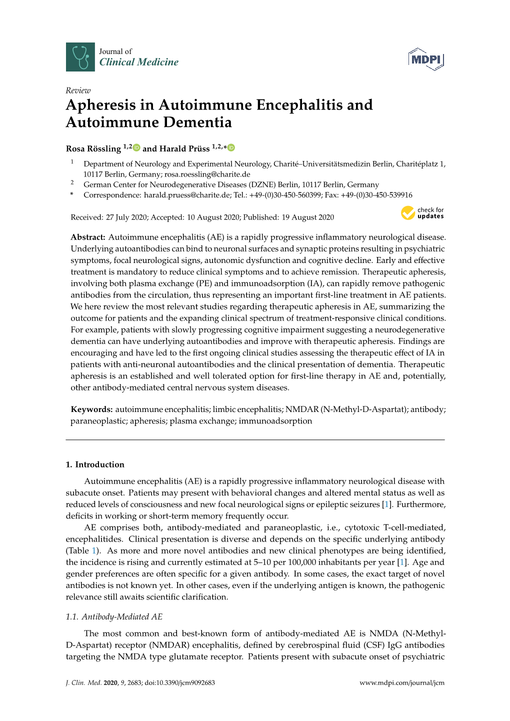 Apheresis in Autoimmune Encephalitis and Autoimmune Dementia