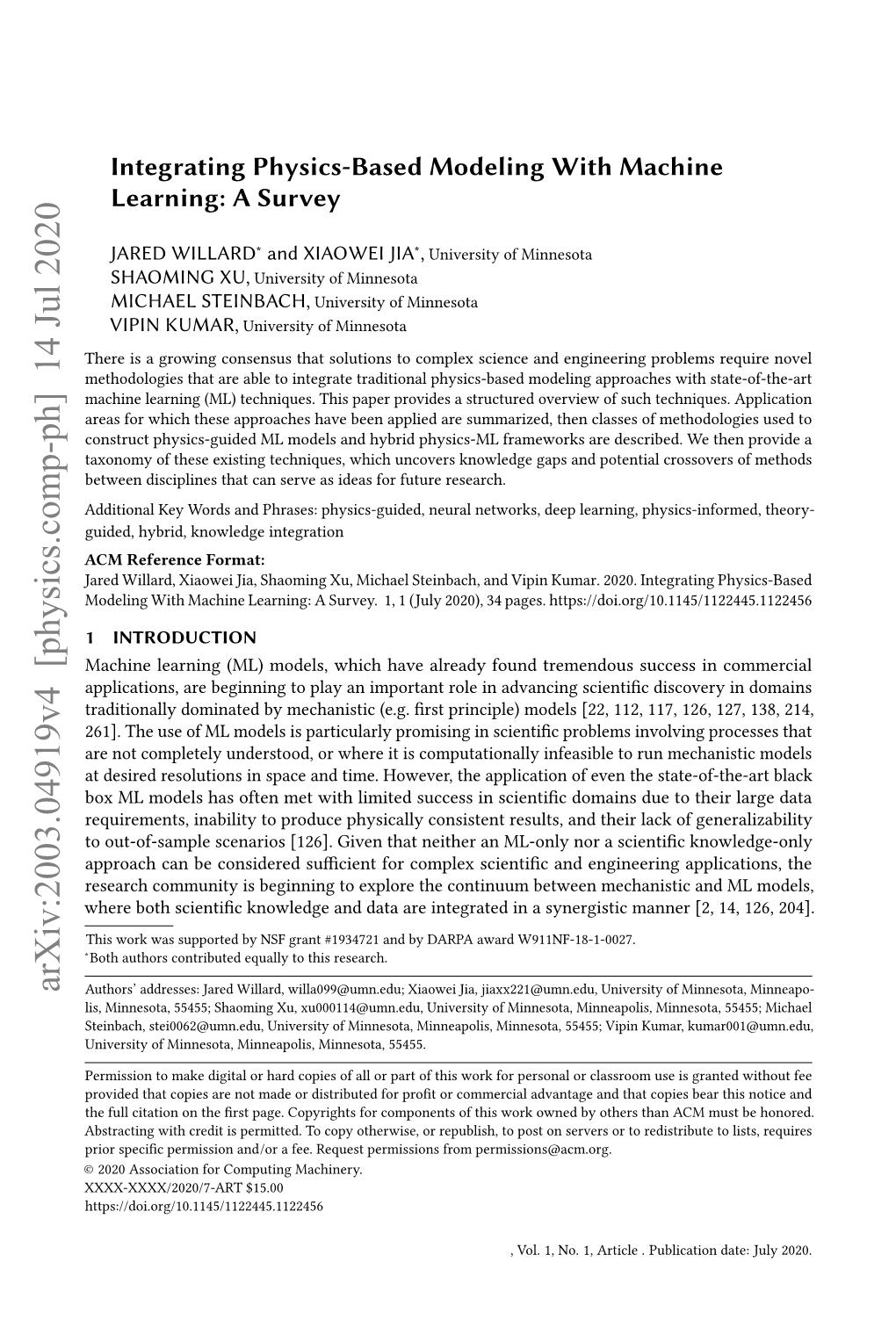 Integrating Physics-Based Modeling with Machine Learning: a Survey