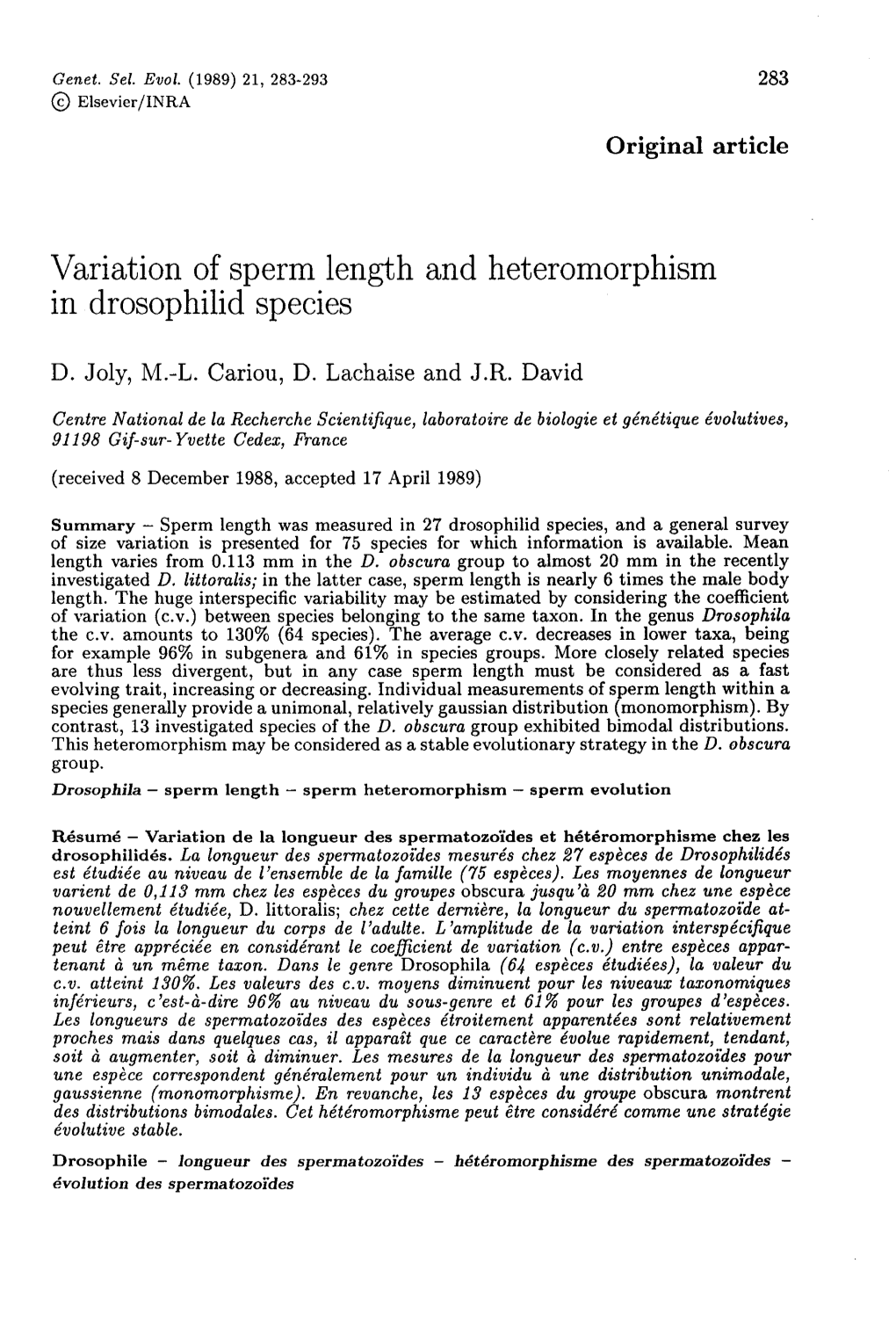 Variation of Sperm Length and Heteromorphism in Drosophilid Species