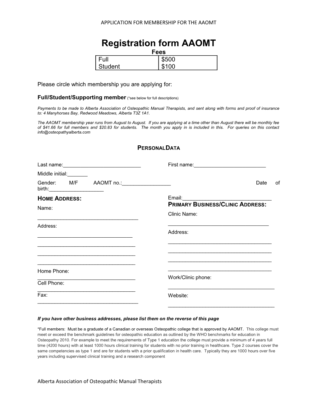 Application for Membership for the Aaomt