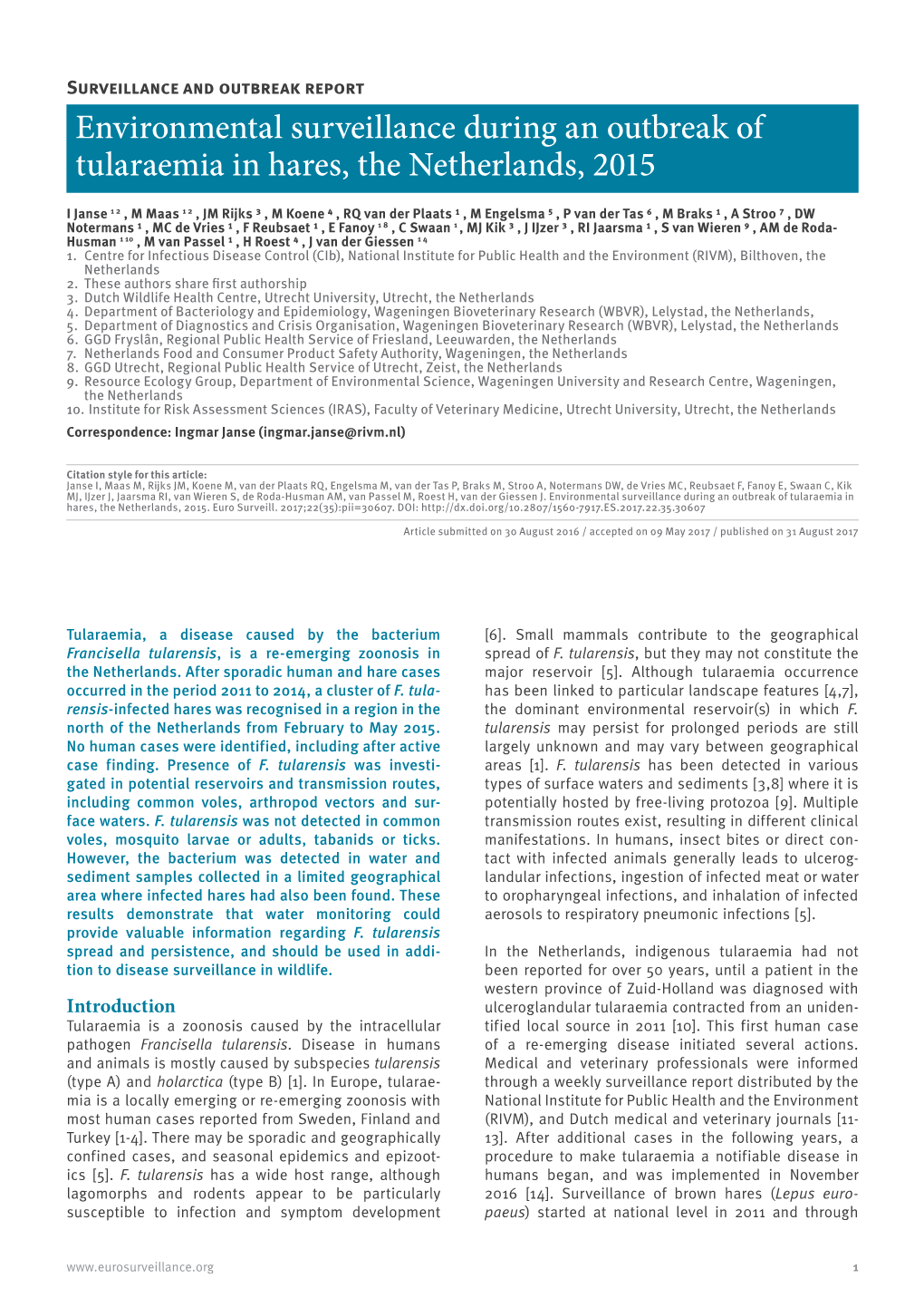 Environmental Surveillance During an Outbreak of Tularaemia in Hares, the Netherlands, 2015