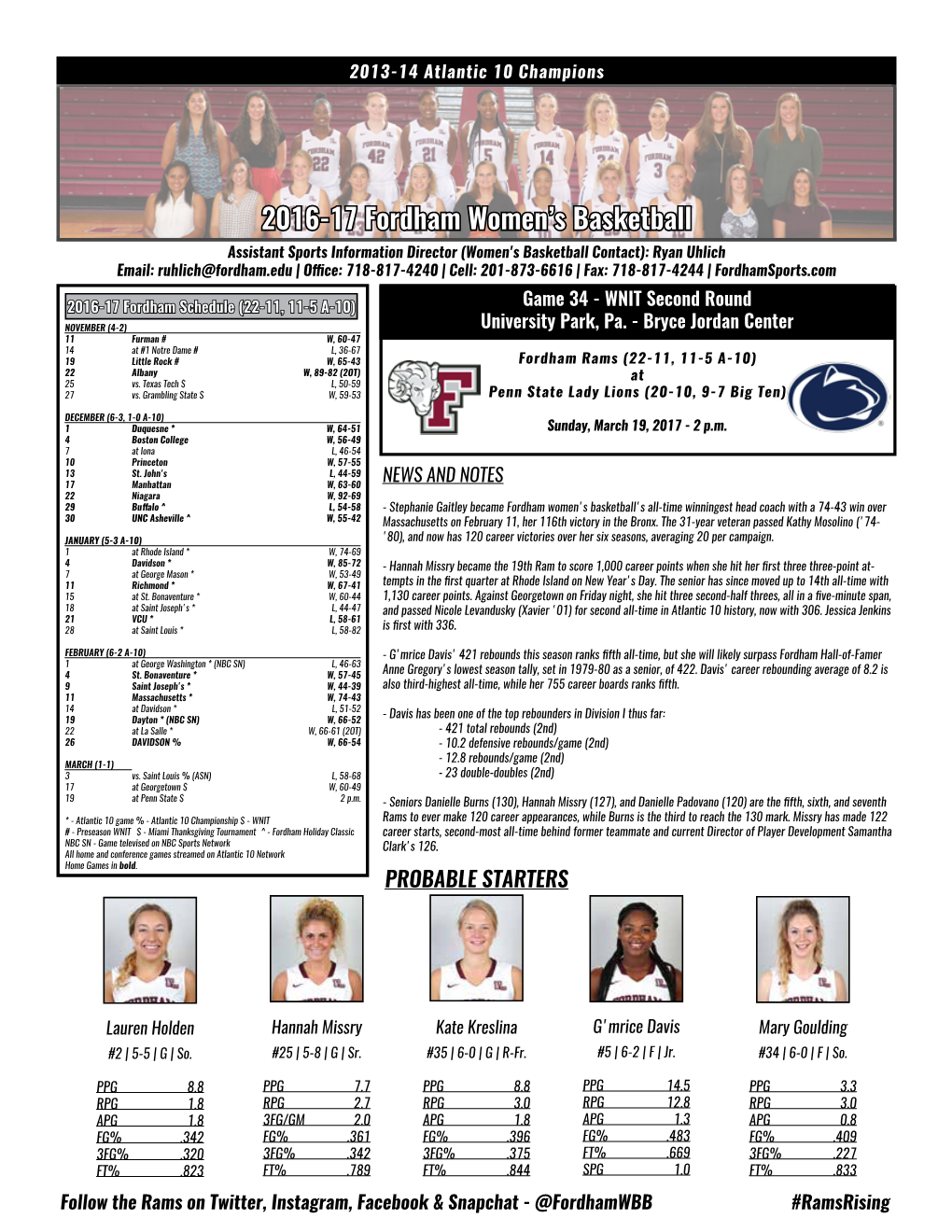 2016-17 Fordham Women's Basketball