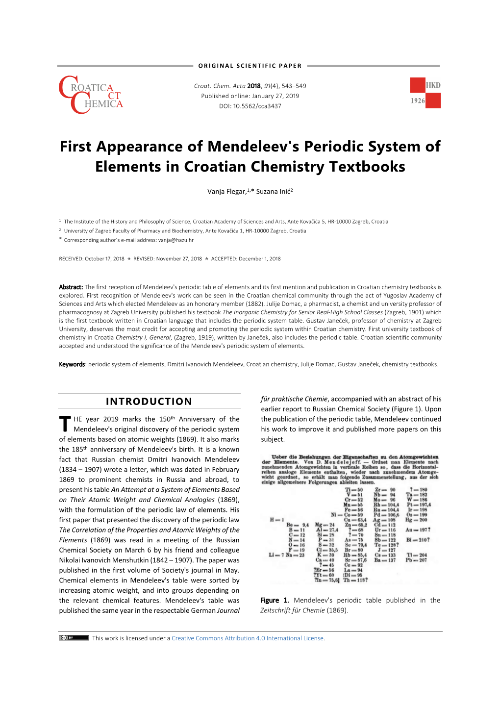 First Appearance of Mendeleev's Periodic System of Elements in Croatian Chemistry Textbooks