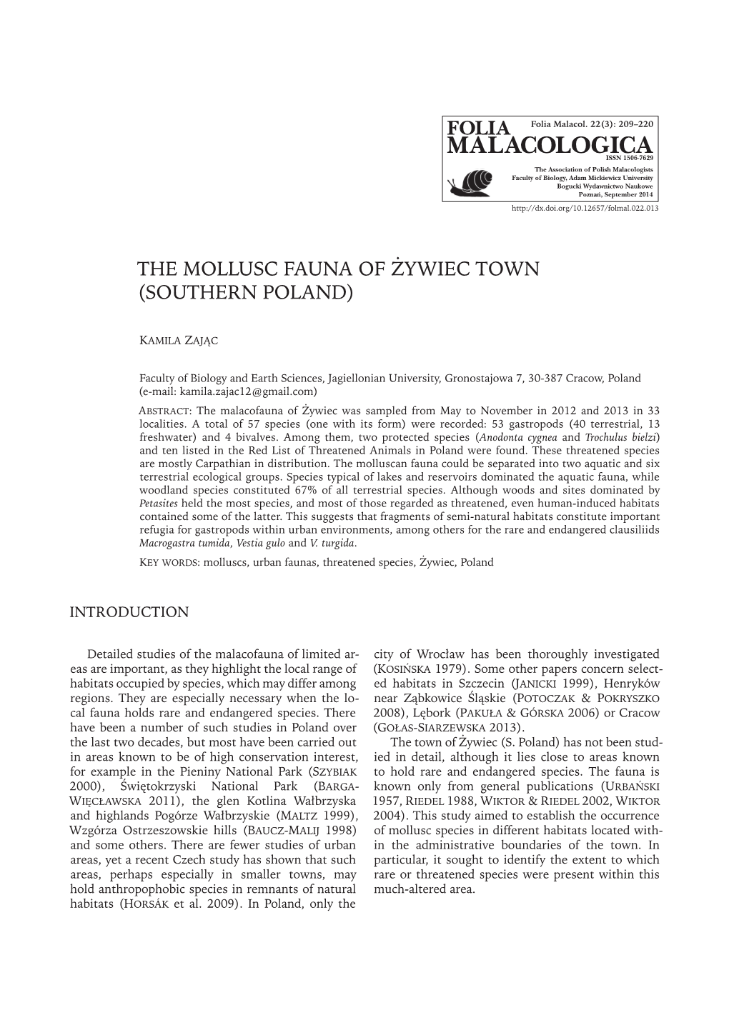 The Mollusc Fauna of Żywiec Town (Southern Poland)