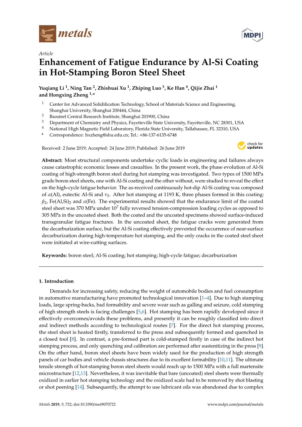 Enhancement of Fatigue Endurance by Al-Si Coating in Hot-Stamping Boron Steel Sheet