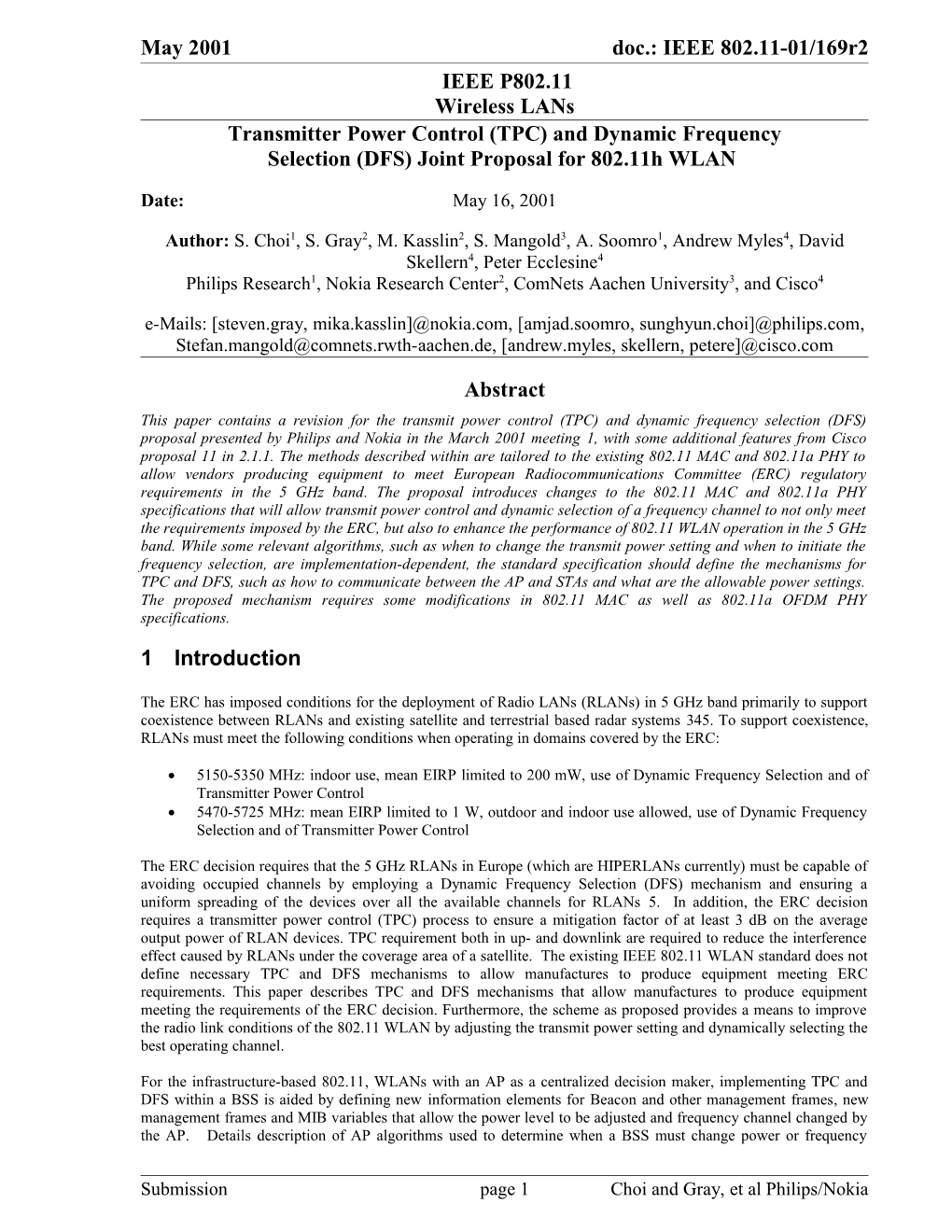 Transmitter Power Control (TPC) and Dynamic Frequency Selection (DFS) Joint Proposal For