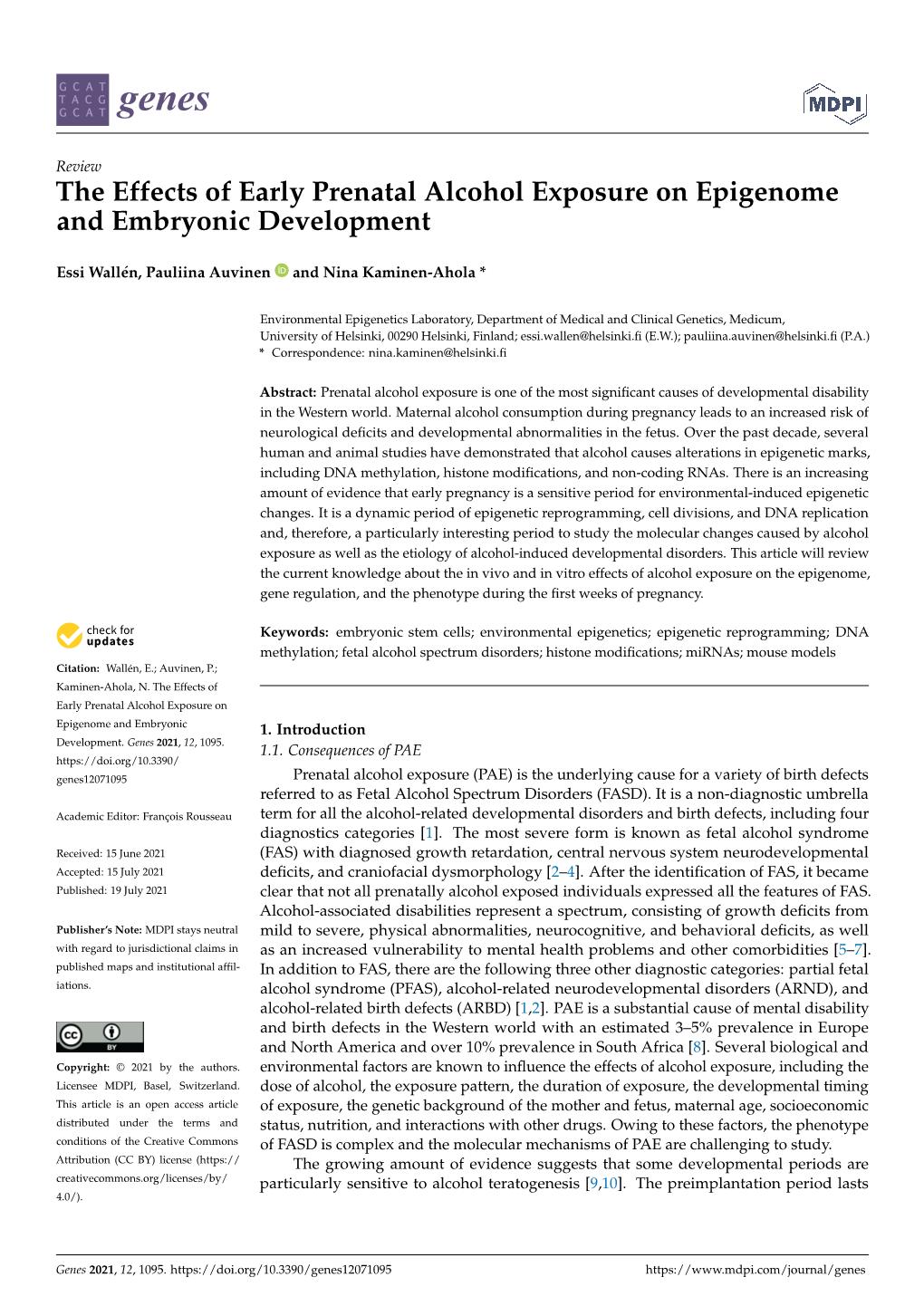 The Effects of Early Prenatal Alcohol Exposure on Epigenome and Embryonic Development