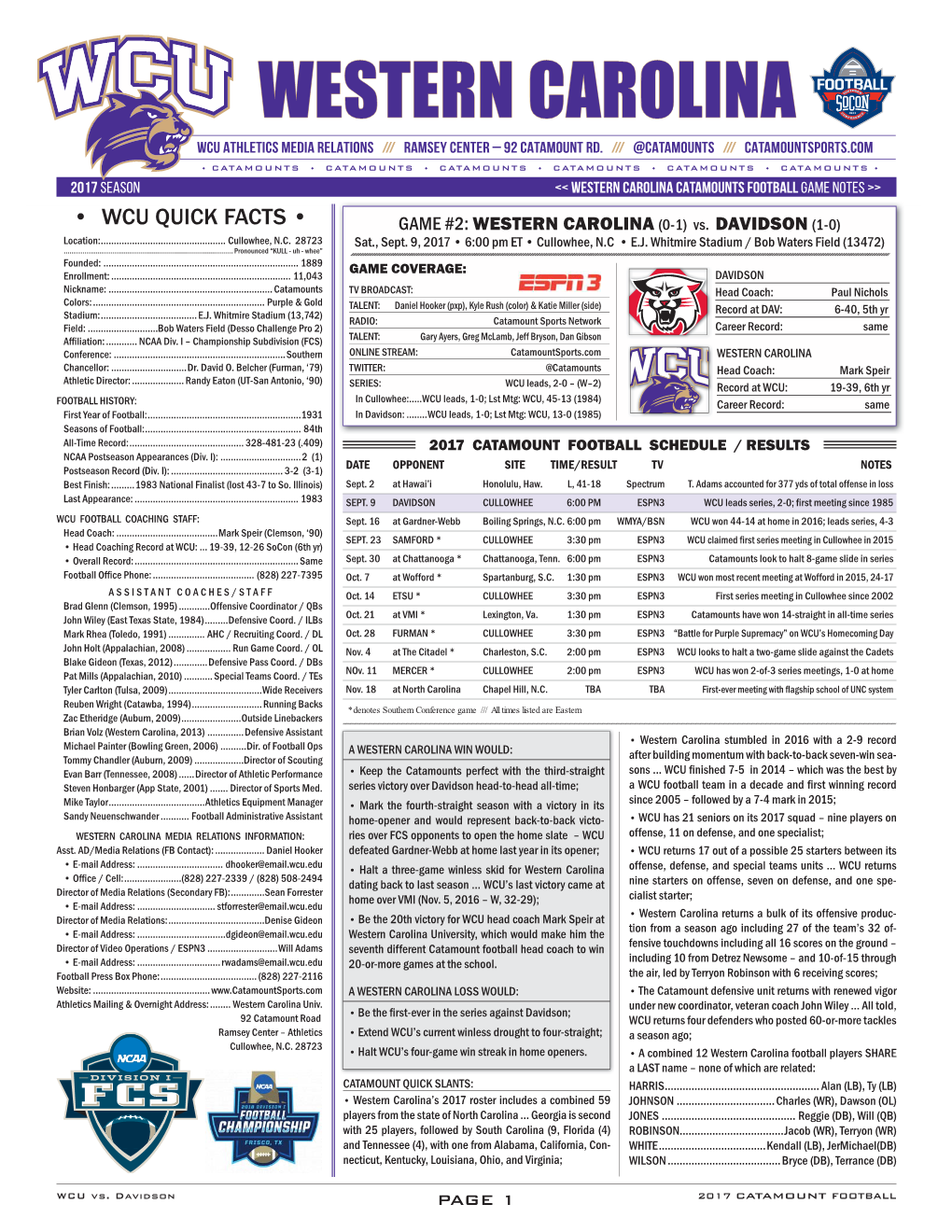 Western Carolina Catamounts Football Game Notes >>