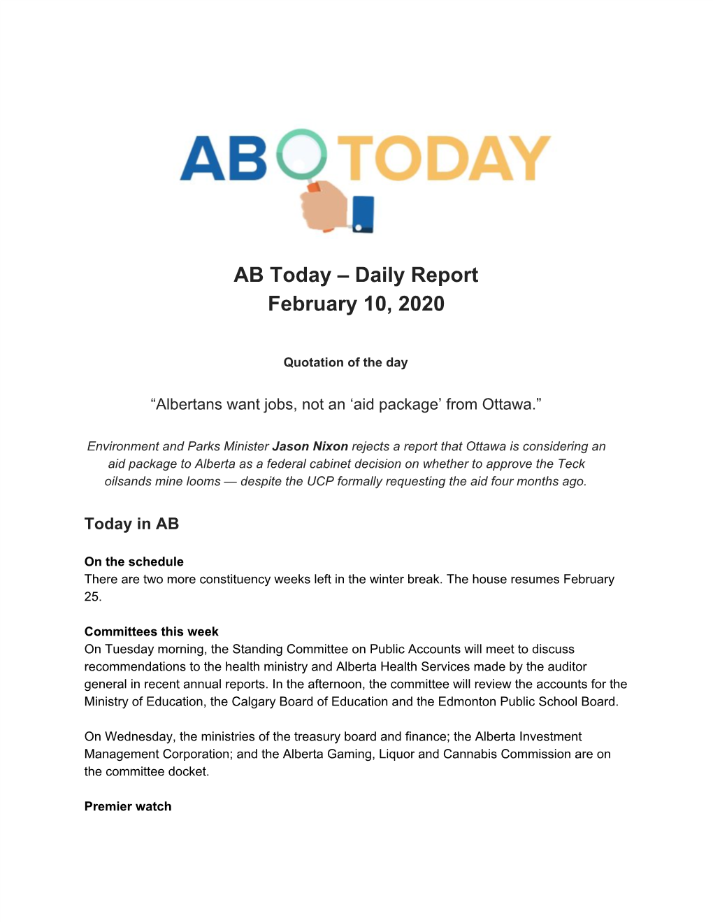 AB Today – Daily Report February 10, 2020