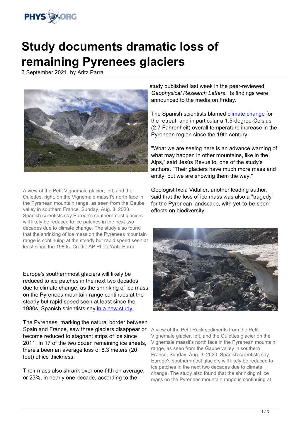 Study Documents Dramatic Loss of Remaining Pyrenees Glaciers 3 September 2021, by Aritz Parra