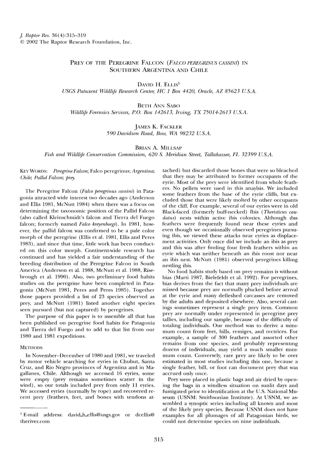 Prey of the Peregrine Falcon &Lpar;&lt;I&gt;Falco Peregrinus Cassini&lt;/I