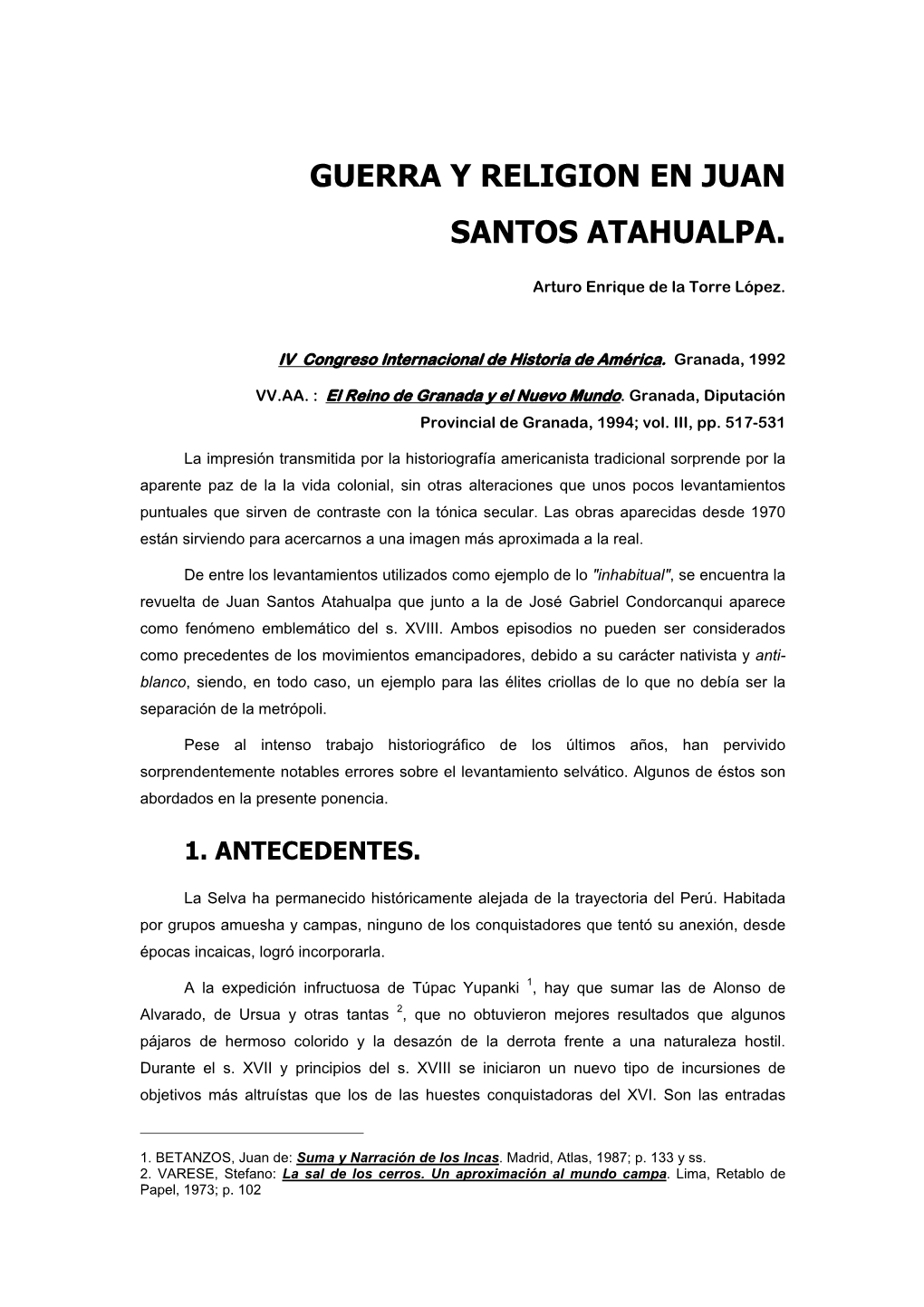 Guerra Y Religion En Juan Santos Atahualpa