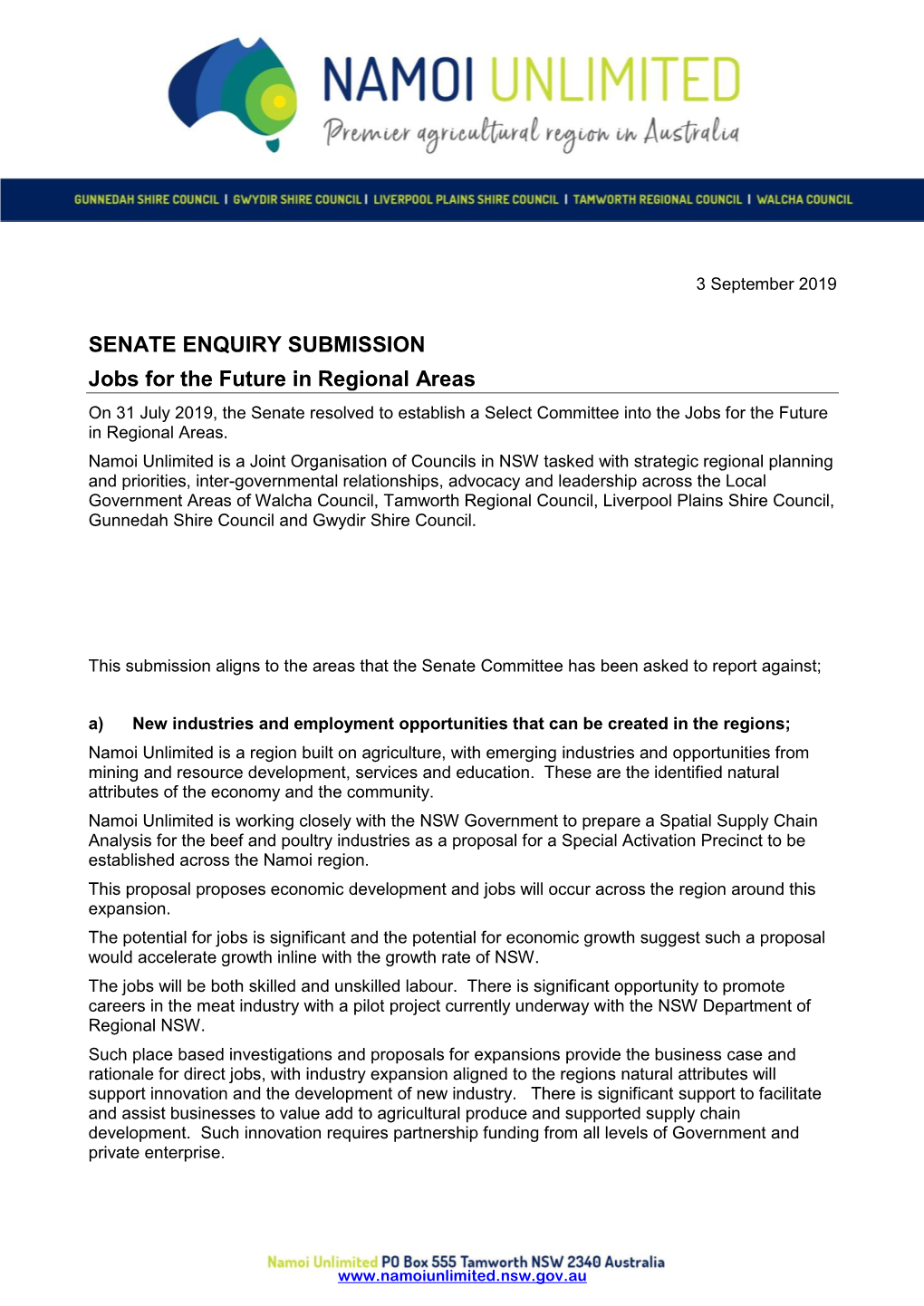 SENATE ENQUIRY SUBMISSION Jobs for the Future in Regional Areas