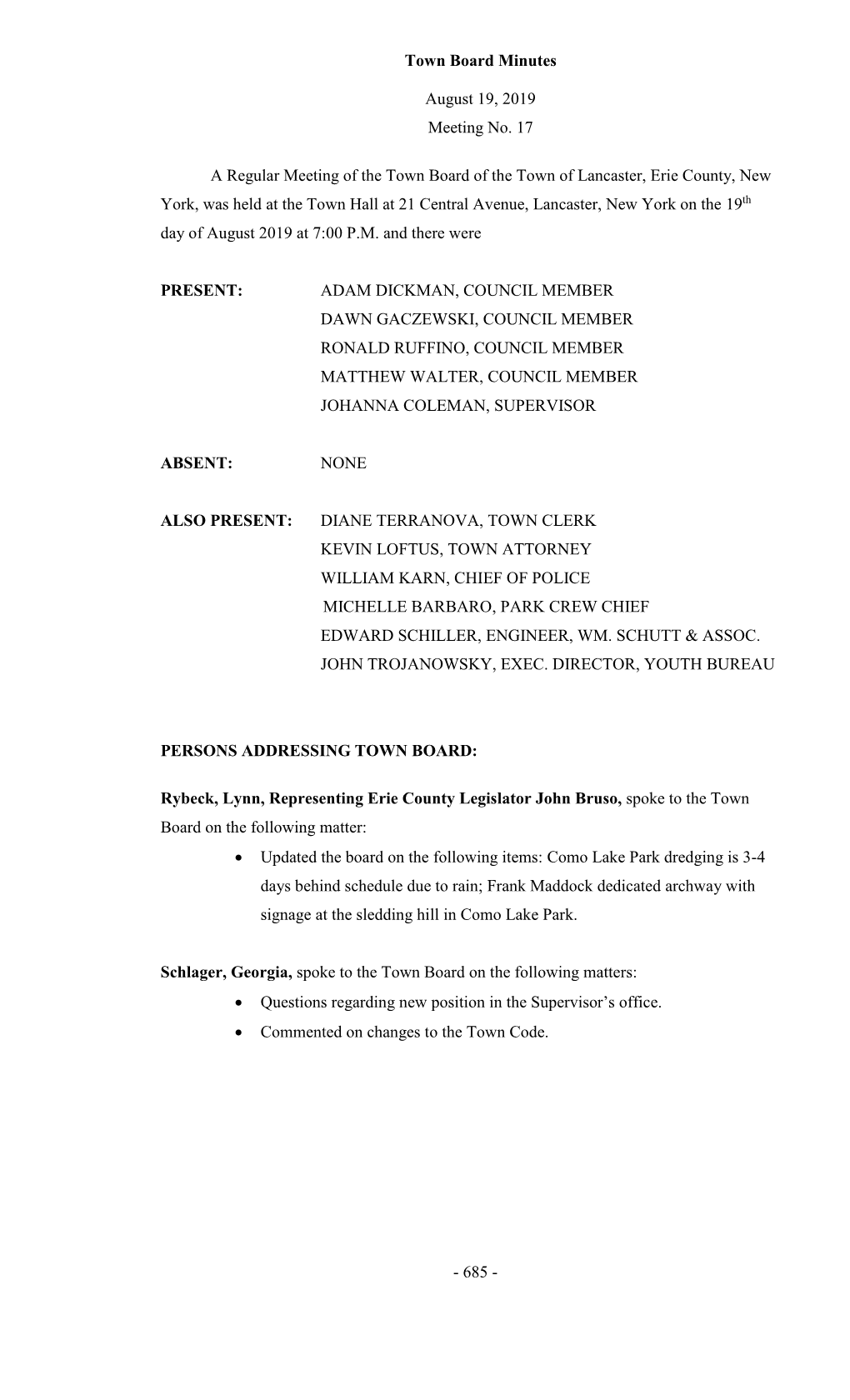 Town Board Minutes August 19, 2019 Meeting No. 17