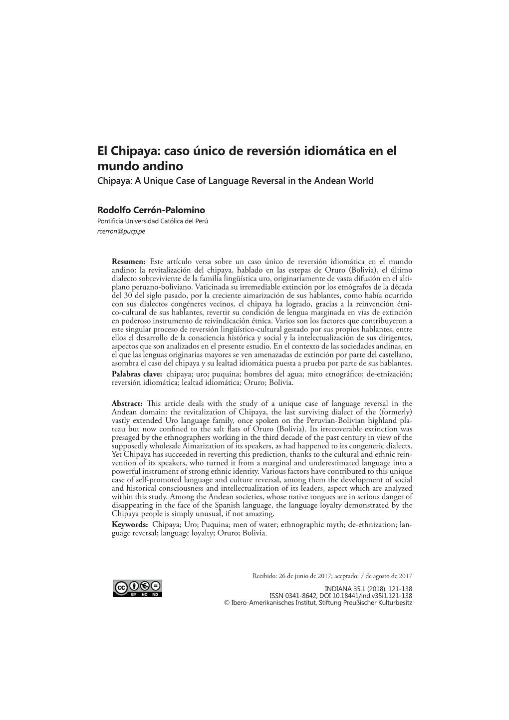 El Chipaya: Caso Único De Reversión Idiomática En El Mundo Andino Chipaya: a Unique Case of Language Reversal in the Andean World