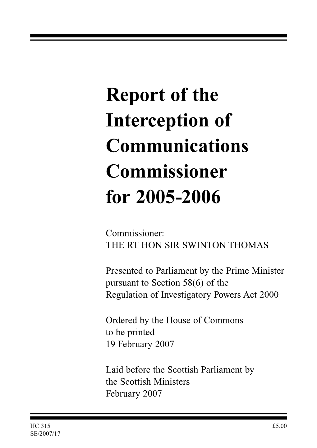 Report of the Interception of Communications Commissioner for 2005-2006