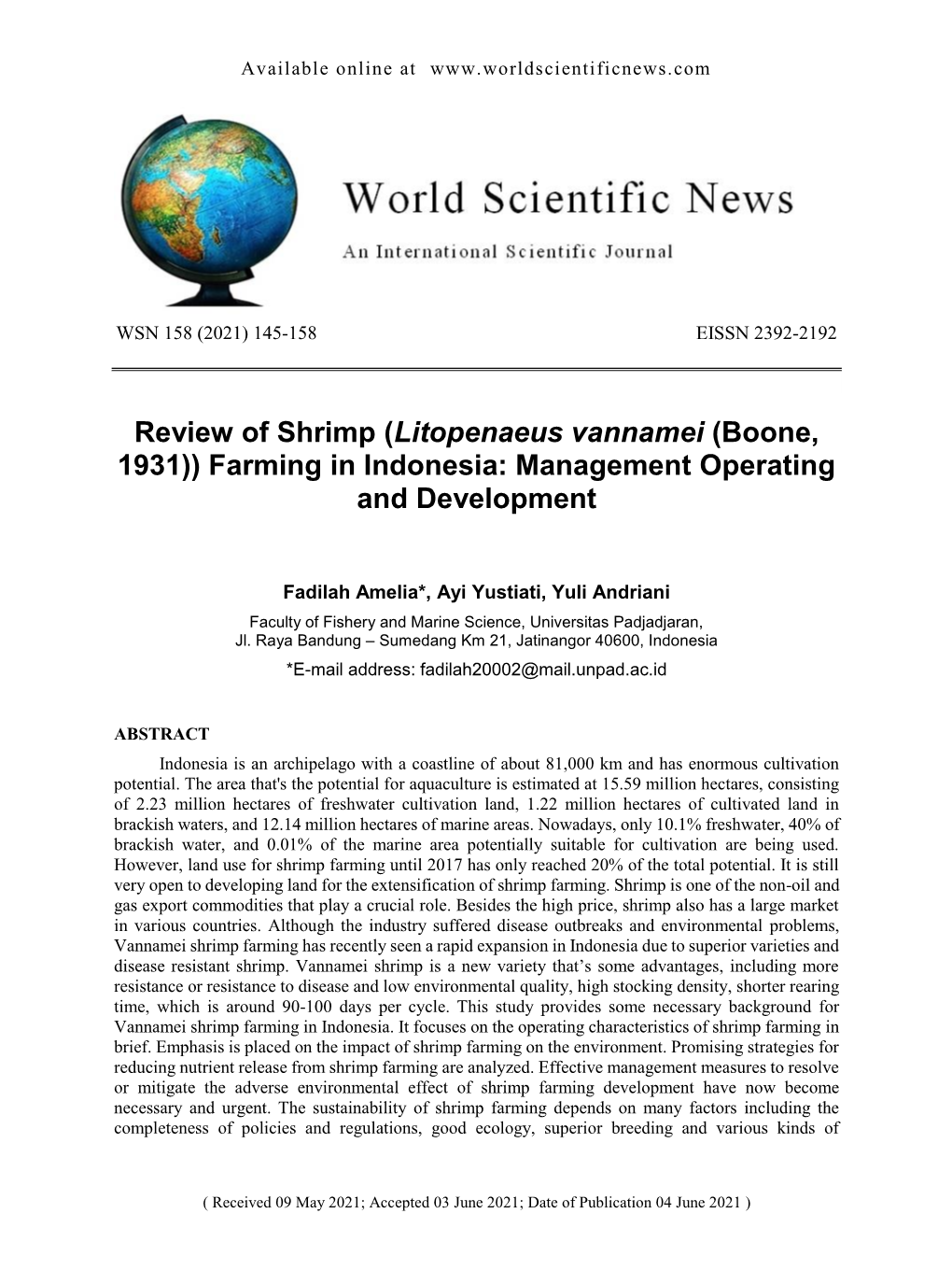 (Litopenaeus Vannamei (Boone, 1931)) Farming in Indonesia: Management Operating and Development