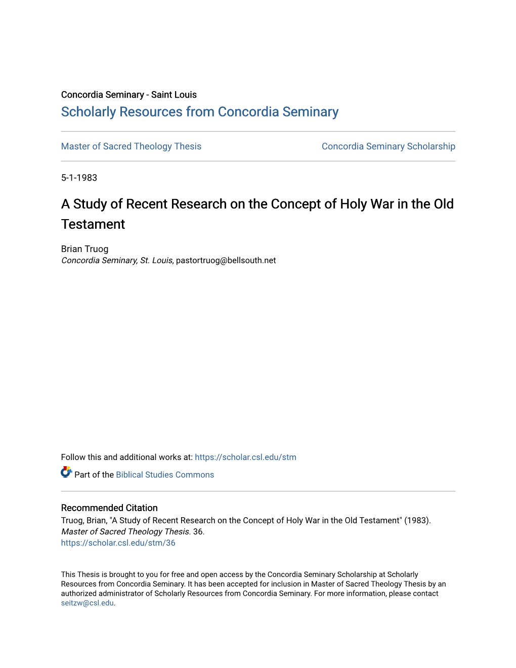 A Study of Recent Research on the Concept of Holy War in the Old Testament