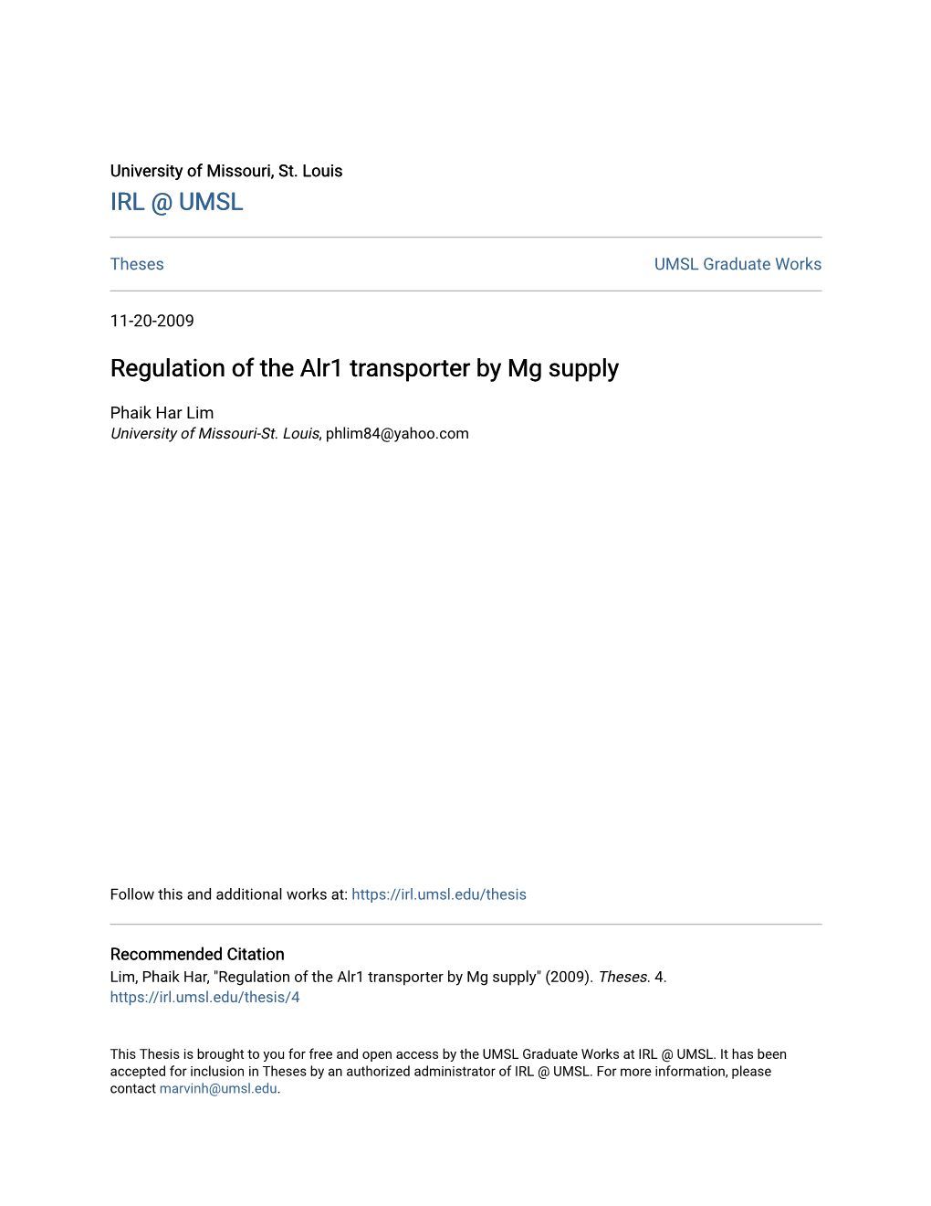 Regulation of the Alr1 Transporter by Mg Supply