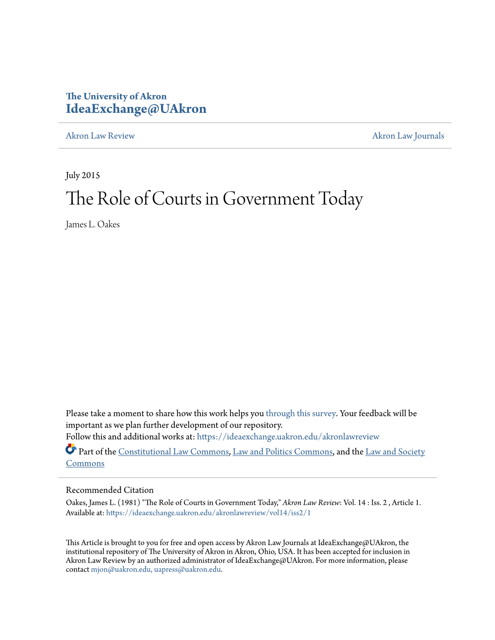 The Role of Courts in Government Today James L