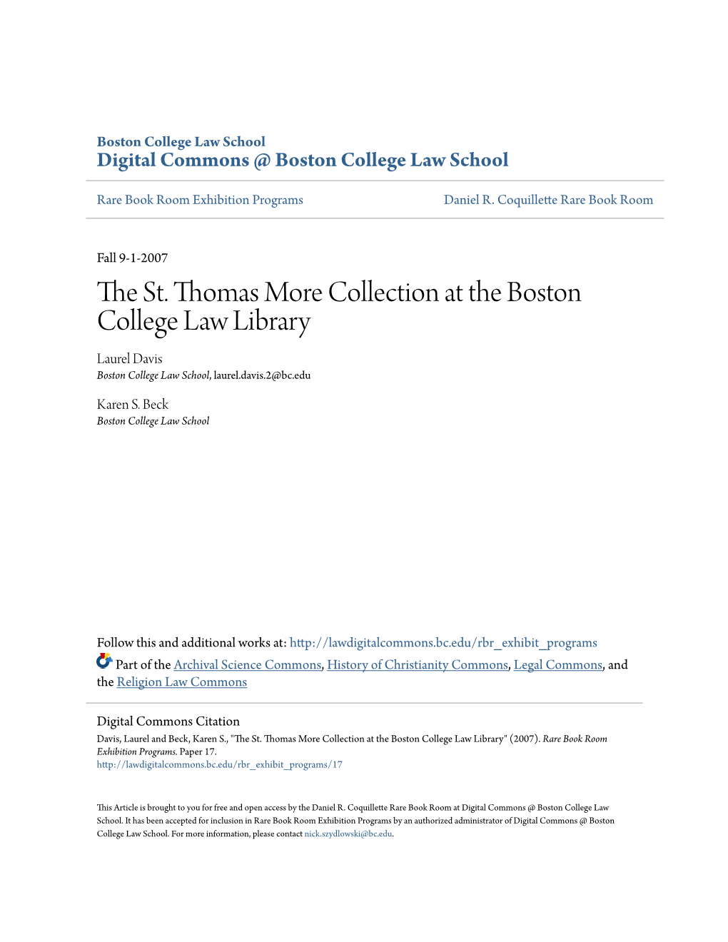The St. Thomas More Collection at the Boston College Law Library