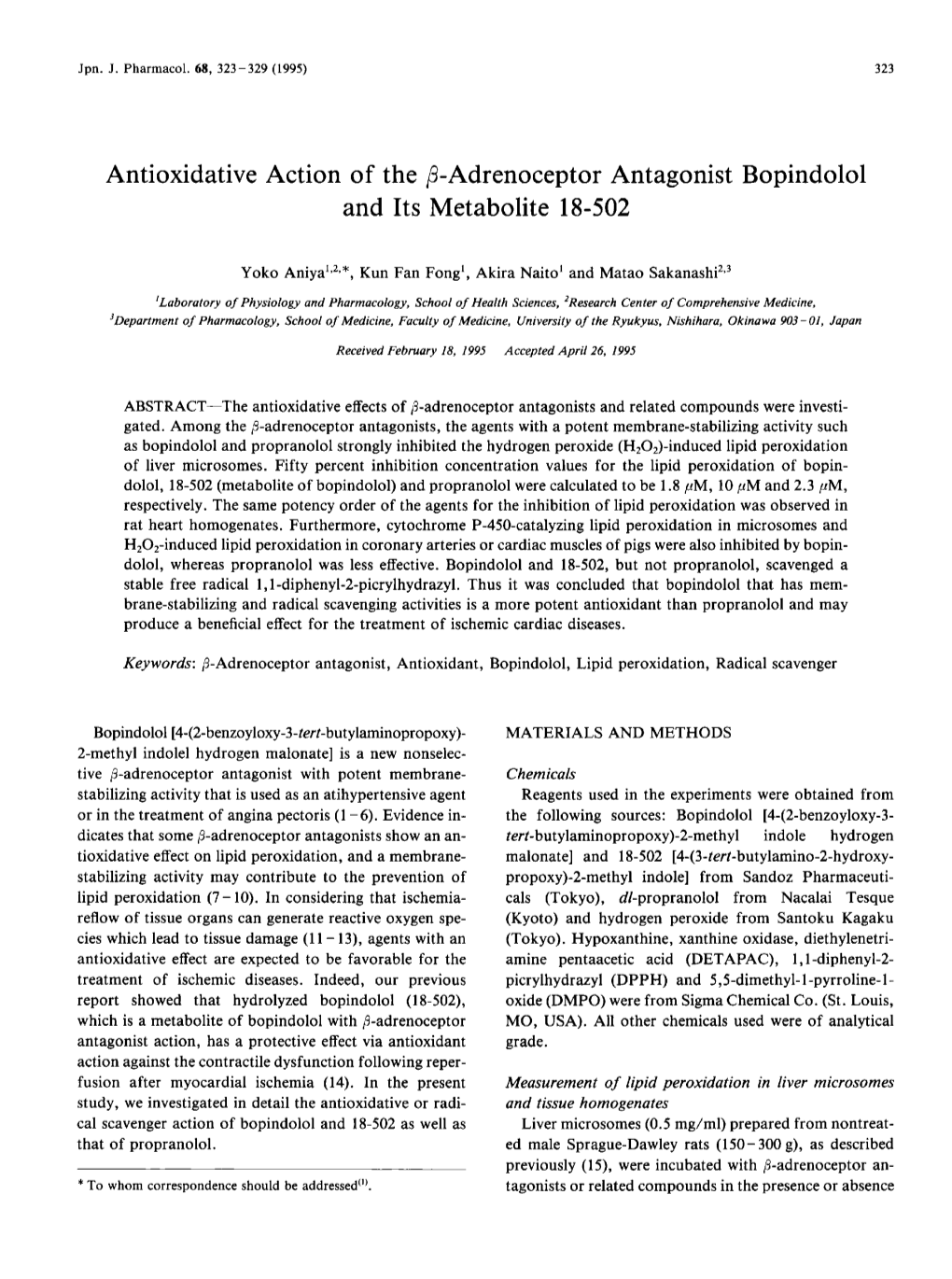 Adrenoceptor Antagonist Bopindolol and Its Metabolite 18-502