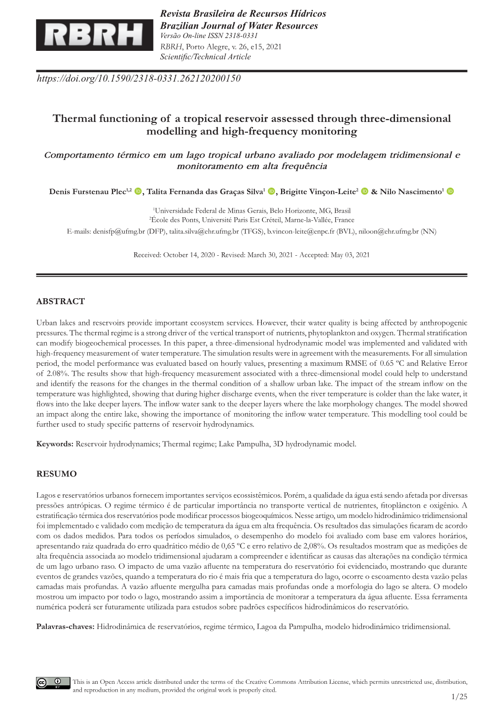 Thermal Functioning of a Tropical Reservoir Assessed Through Three-Dimensional Modelling and High-Frequency Monitoring