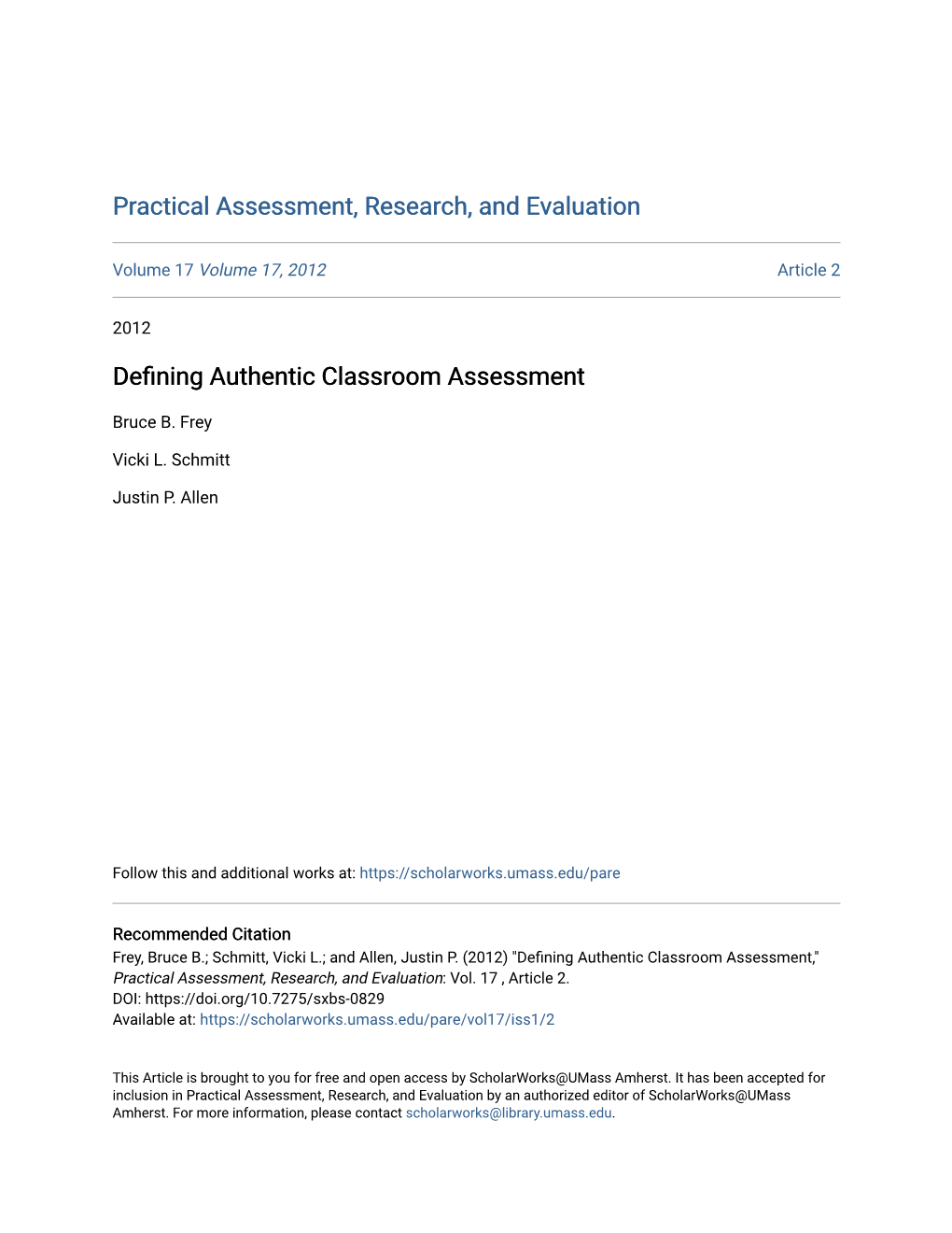 (2012) “Defining Authentic Classroom Assessment,”