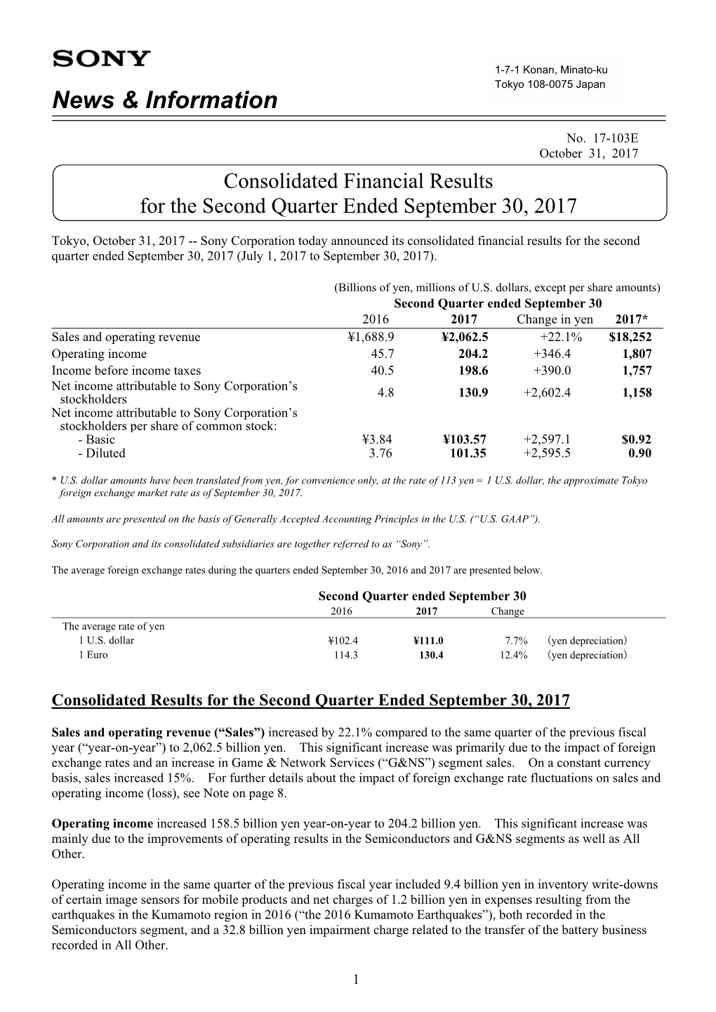 Consolidated Financial Results for the Second Quarter Ended September 30, 2017