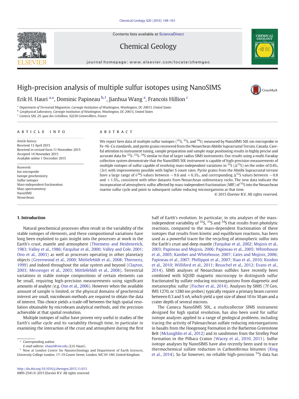 High-Precision Analysis of Multiple Sulfur Isotopes Using Nanosims