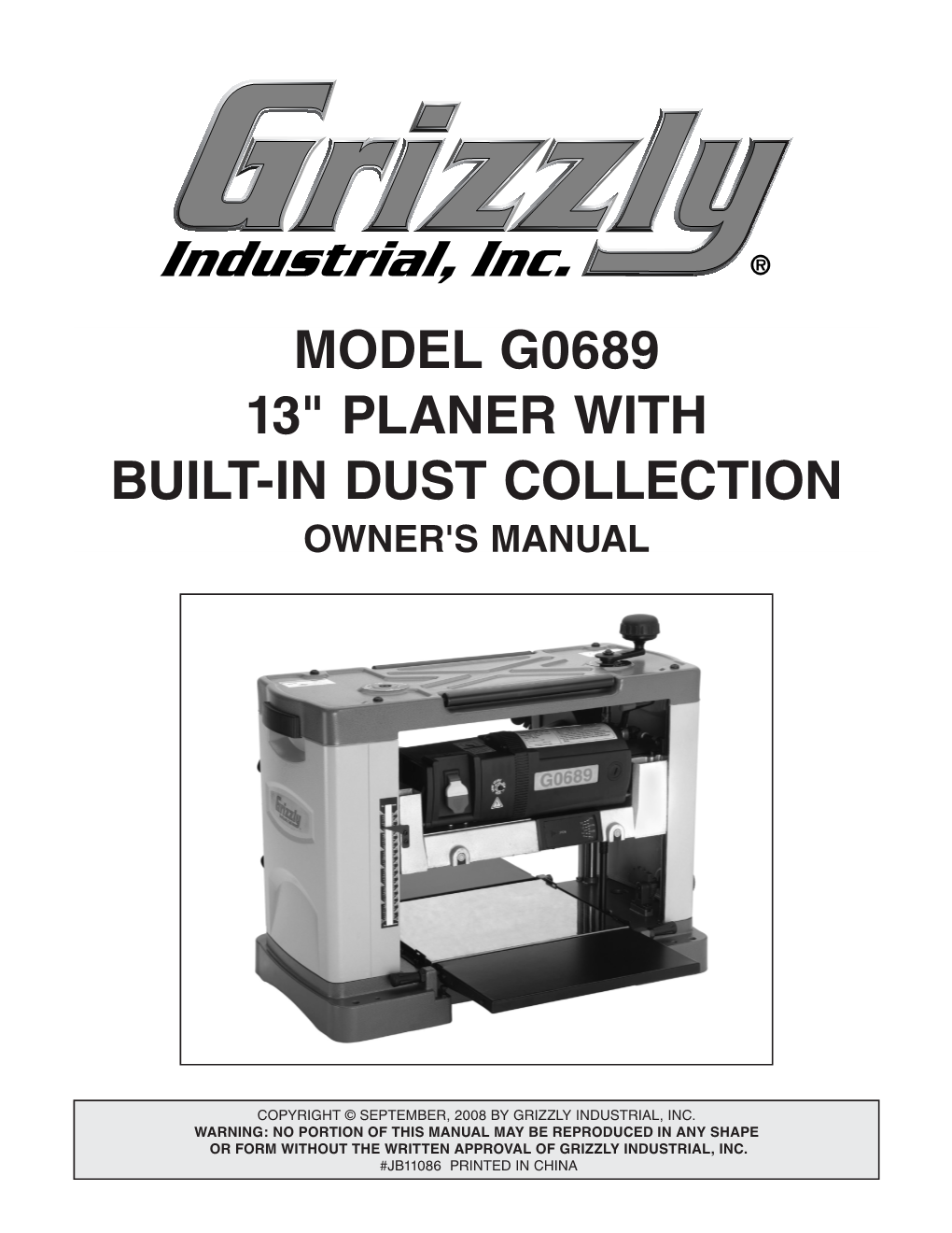 MODEL G0689 13" PLANER with BUILT-IN DUST COLLECTION OWNER's Manual