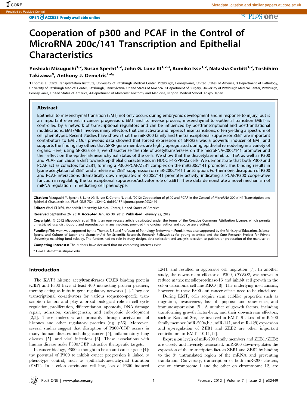 Cooperation of P300 and PCAF in the Control of Microrna 200C/141 Transcription and Epithelial Characteristics