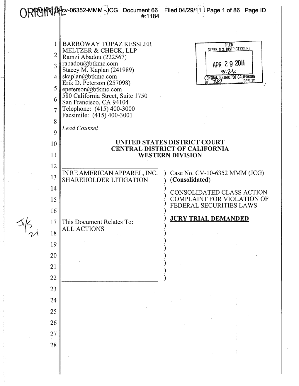 In Re American Apparel, Inc. Shareholder Litigation 10-CV-06352-Consolidated Class Action Complaint for Violation of Federal