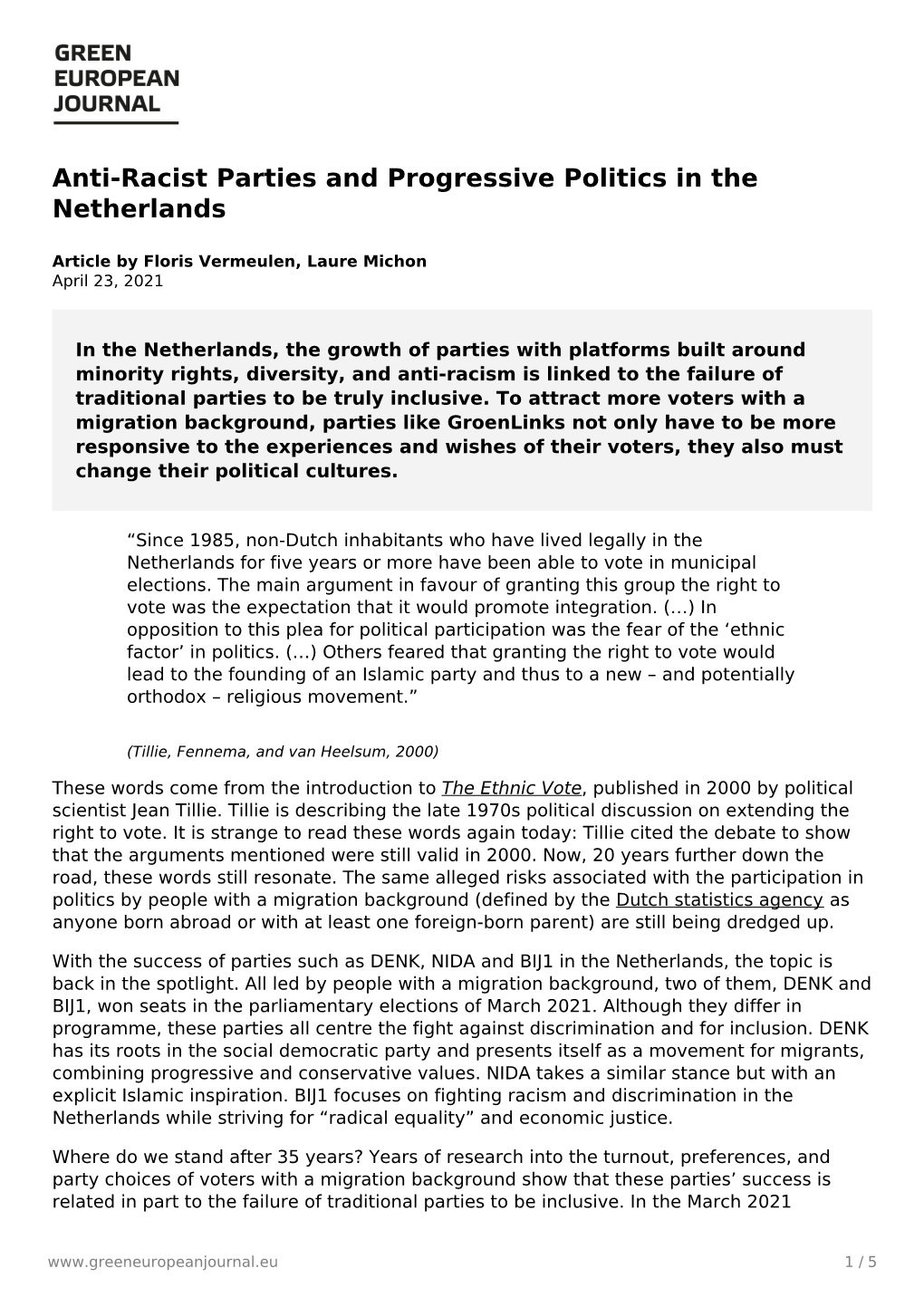 Anti-Racist Parties and Progressive Politics in the Netherlands