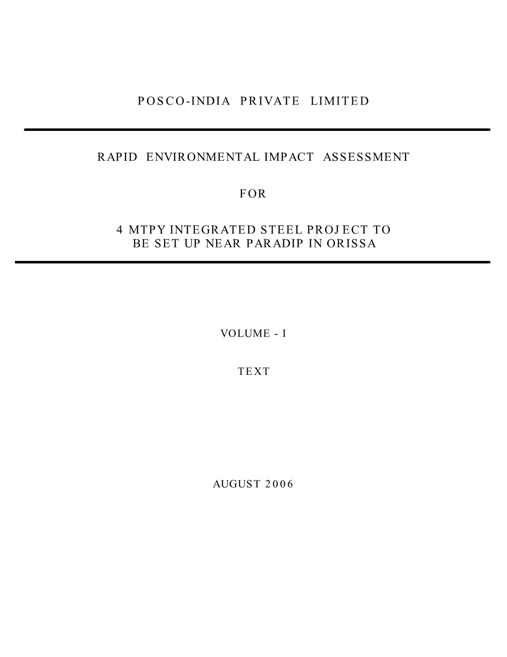 Posco-India Private Limited Rapid Environmental Impact Assessment