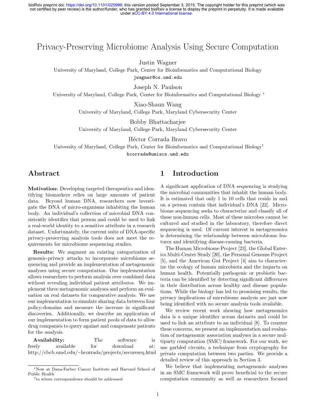 Privacy-Preserving Microbiome Analysis Using Secure Computation