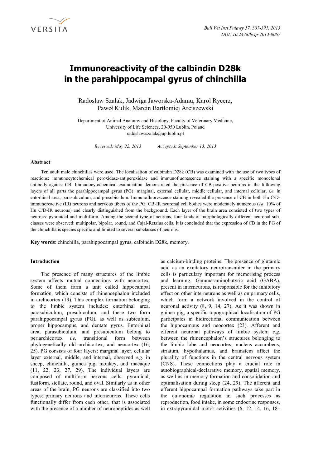 Immunoreactivity of the Calbindin D28k in the Parahippocampal Gyrus of Chinchilla