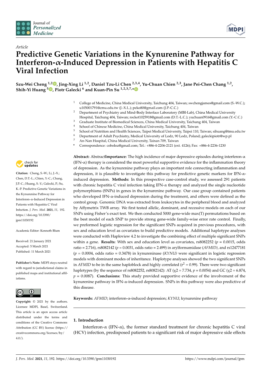 Predictive Genetic Variations in the Kynurenine Pathway for Interferon-Α-Induced Depression in Patients with Hepatitis C Viral Infection