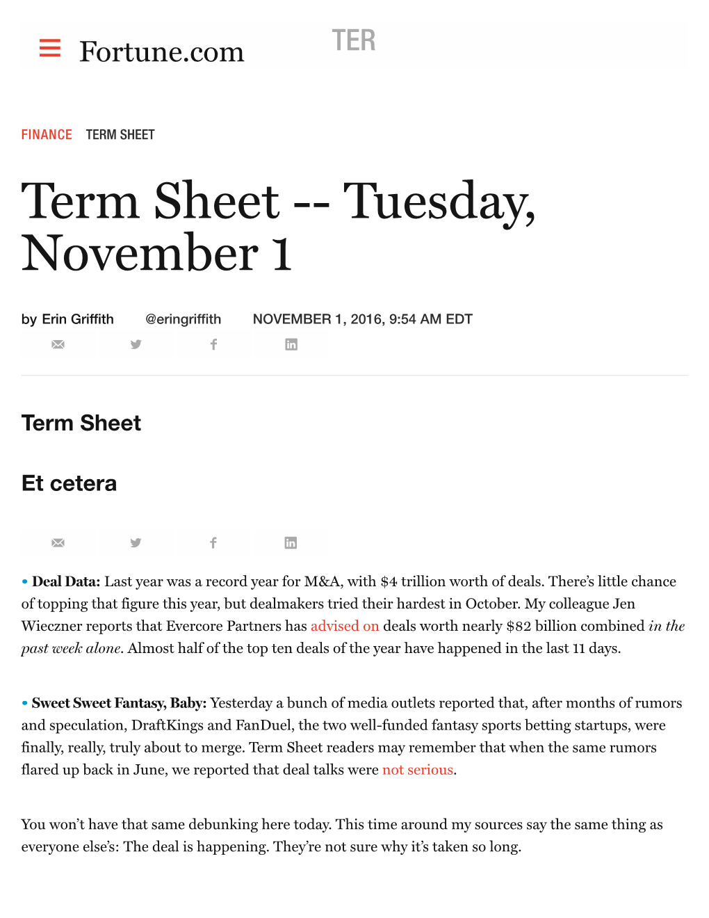 TERM SHEET Term Sheet -- Tuesday, November 1 by Erin Griffith @Eringriffith NOVEMBER 1, 2016, 9:54 AM EDT � � � 