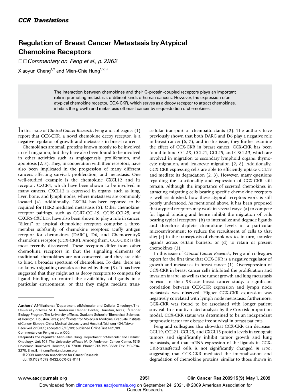 Regulation of Breast Cancer Metastasis by Atypical Chemokine Receptors 55Commentary on Feng Et Al., P