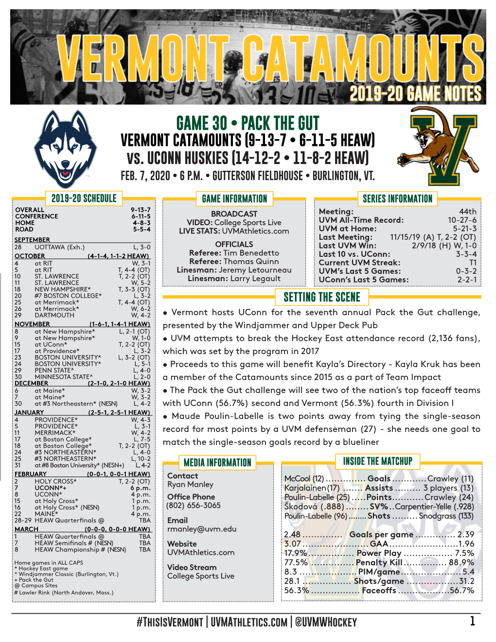 GAME 30 • PACK the GUT VERMONT CATAMOUNTS (9-13-7 • 6-11-5 HEAW) Vs